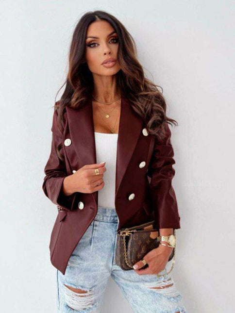 Vintage Chic: Women's PU Leather Double-Breasted Suit for Fall-Winter