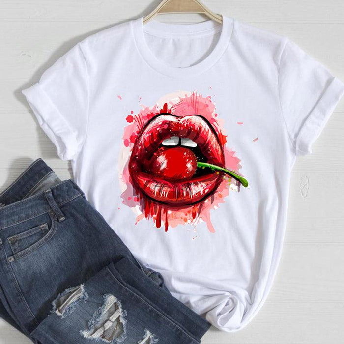 Seductive Cherry Kiss Women's Lip Print Graphic Tee for a Flirty Look
