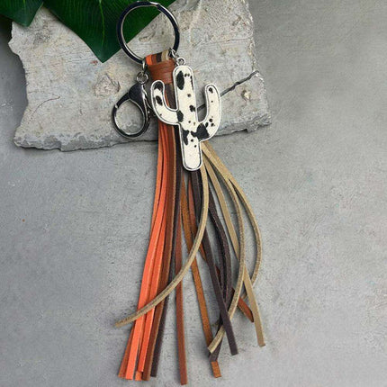 Whimsical Cactus Keychain with Leather Tassel - Trendy Keyring Fashion