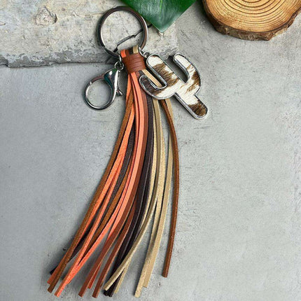 Whimsical Cactus Keychain with Leather Tassel - Trendy Keyring Fashion