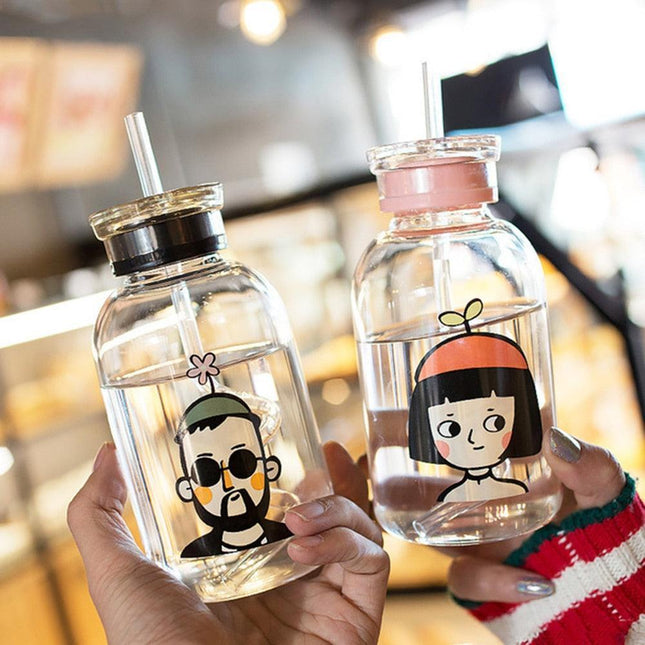 Whimsical Cartoon Dual-Cap Glass Water Bottle Set for Joyful Hydration