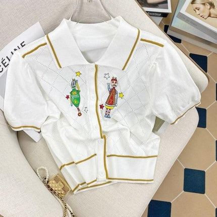 Whimsical Vintage Cartoon Knit Sweater with Embroidered Lapel - Très Elite