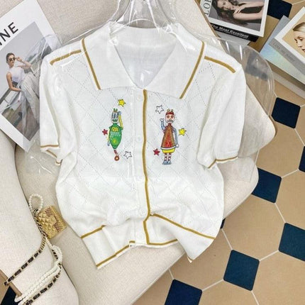 Whimsical Vintage Cartoon Knit Sweater with Embroidered Lapel - Très Elite