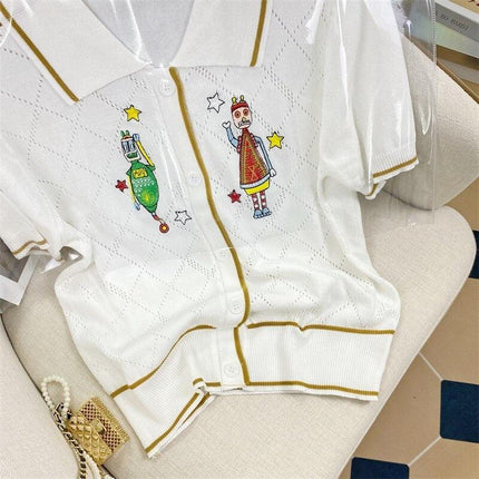 Whimsical Vintage Cartoon Knit Sweater with Embroidered Lapel - Très Elite