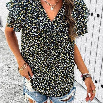 Wood-Embellished Floral Print Women's Blouse - Très Elite