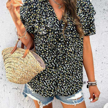 Wood-Embellished Floral Print Women's Blouse