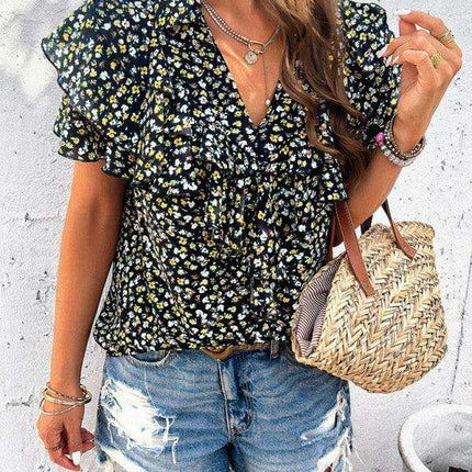 Wood-Embellished Floral Print Women's Blouse - Très Elite