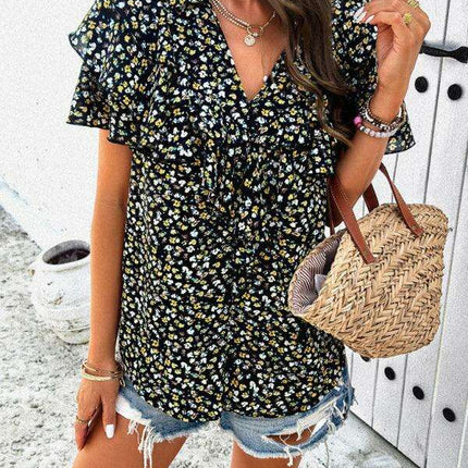 Wood-Embellished Floral Print Women's Blouse - Très Elite