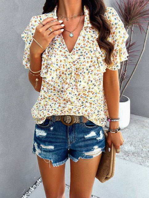 Wood-Embellished Floral Print Women's Blouse