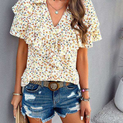 Wood-Embellished Floral Print Women's Blouse - Très Elite