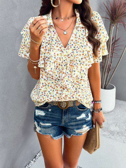 Wood-Embellished Floral Print Women's Blouse
