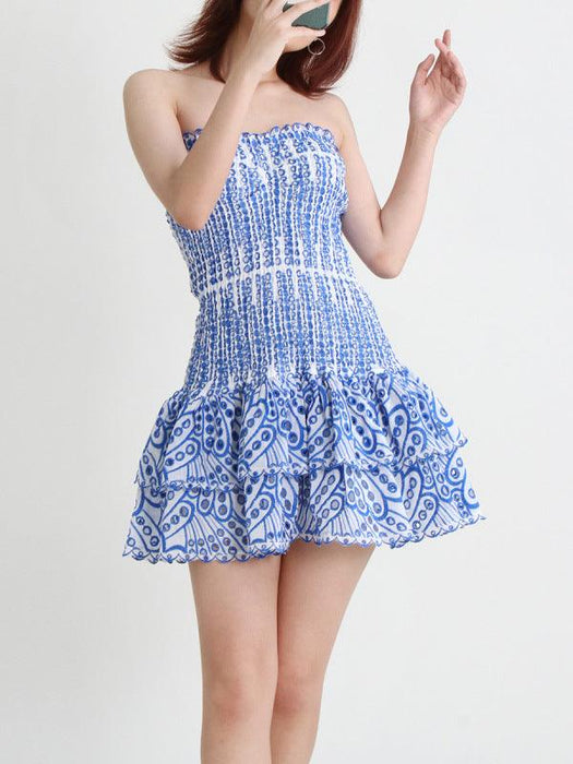 Romantic Strapless Ruffle Hem Embroidered Mini Dress by Jakoto - Spring-Summer Collection