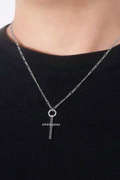 Exquisite Platinum-Plated Unisex Necklace with Lab-Diamond Cross Pendant and Sterling Silver Chain