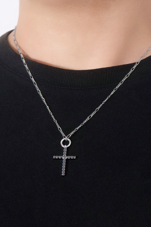 Moissanite Cross Pendant Platinum-Plated Necklace-Trendsi-Black-One Size-Très Elite