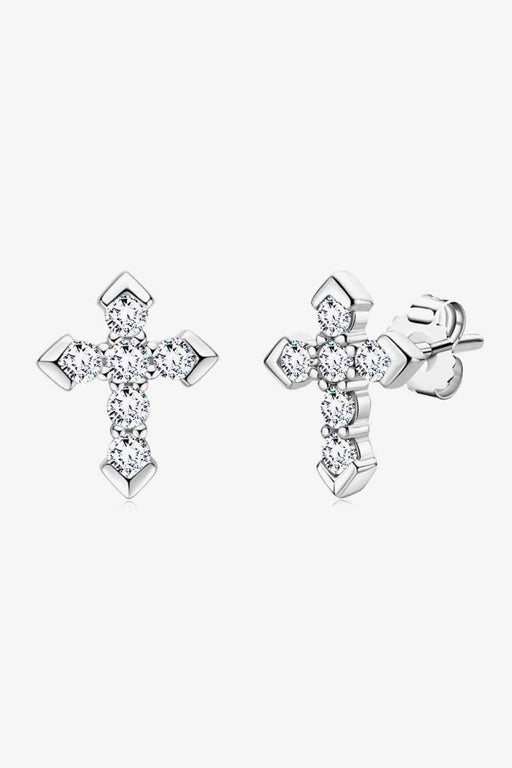 Elegant Moissanite Cross Sterling Silver Earrings with Platinum Finish - Sophisticated Studs