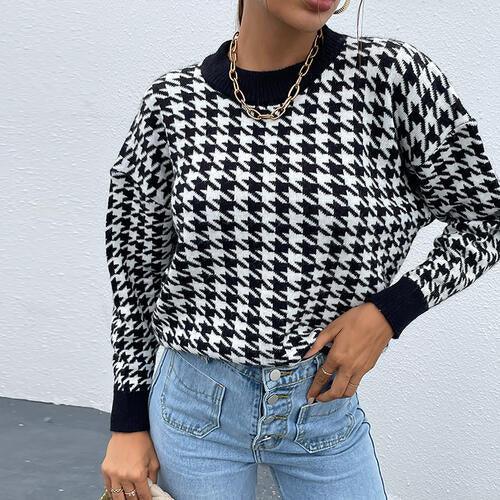Houndstooth Print Knit Sweater with Relaxed Drop Shoulder Cut