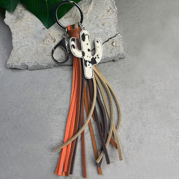 Sleek Cactus Keychain with Cowhide Tassel - Stylish Keyring Accessory