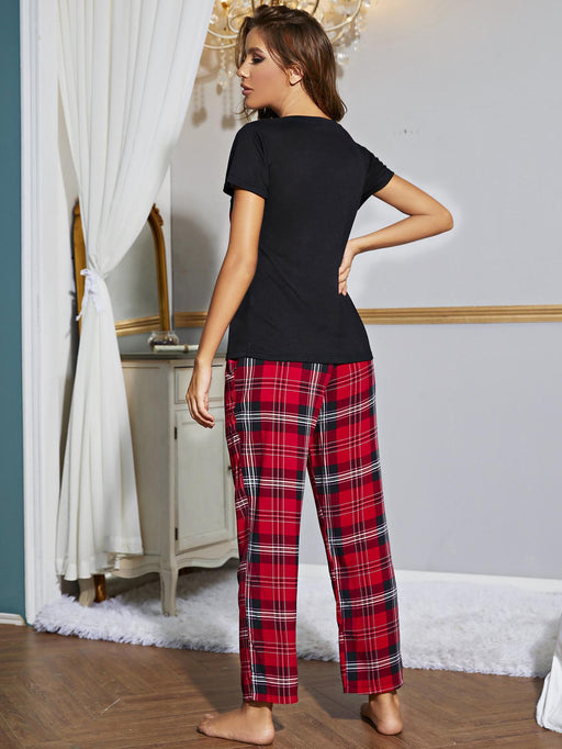 Cozy Plaid Lounge Set with V-Neck Top and Matching Trousers