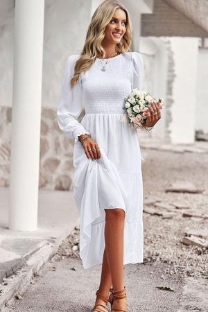 Smocked Round Neck Flounce Sleeve Midi Dress-Trendsi-White-S-Très Elite