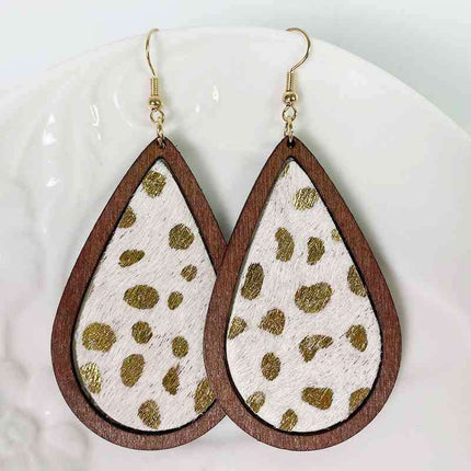 Rustic Elegance Cowhide Leather and Wood Teardrop Earrings - Bold Western-Inspired Statement Accessories