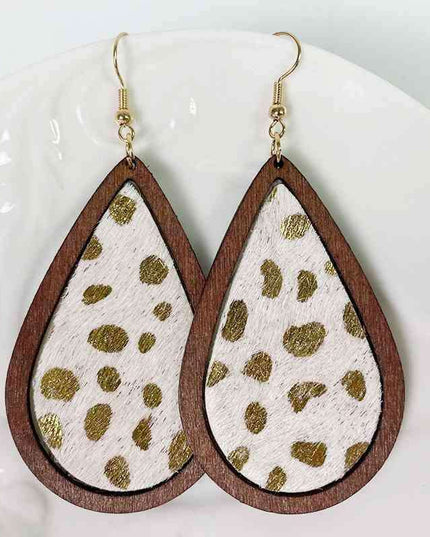Rustic Elegance Cowhide Leather and Wood Teardrop Earrings - Bold Western-Inspired Statement Accessories
