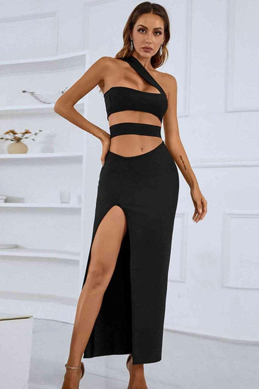 Elegant One-Shoulder Maxi Dress with Front Cutout and High Side Split for Formal and Evening Occasions
