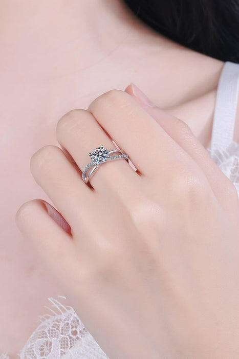 Elegant Rhodium-Plated Crisscross Ring with Moissanite and Zircon Accents