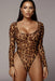 Leopard Print Sheer Mesh Bodycon Bodysuit with Scoop Neck - Long Sleeve Mesh Bodysuit