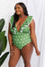 Moonlit Green Ruffle Plunge Swimsuit for Chic Beach Enthusiasts