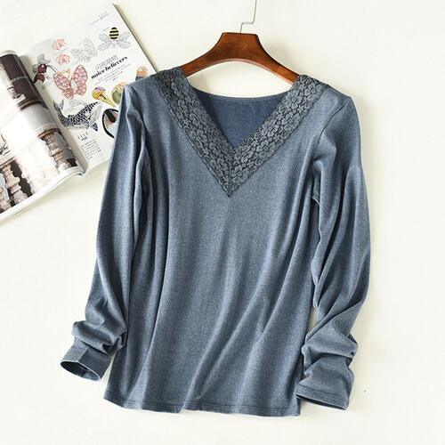 Cozy V-Neck Long Sleeve Lounge Top with Delicate Lace Trim