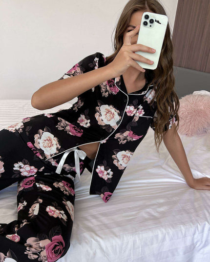Floral Relaxation Lounge Outfit with Short-Sleeve Top and Trousers