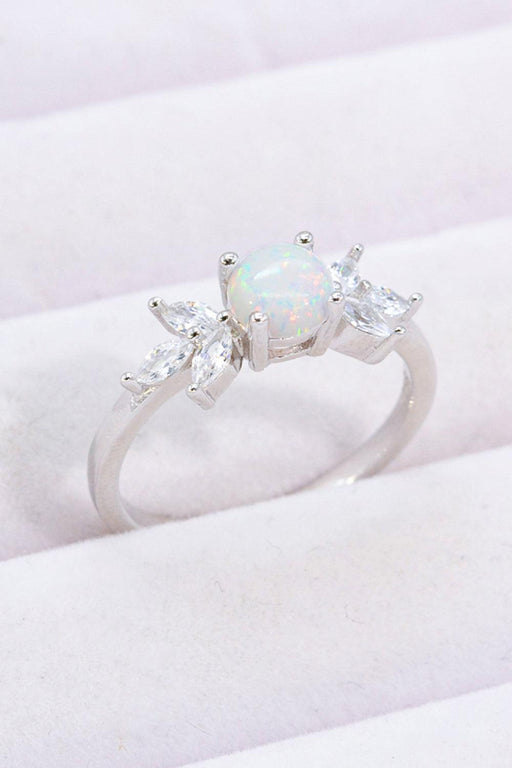 Opal and Zircon Silver Ring - Exquisite Gemstone Jewelry Piece with Platinum Finish