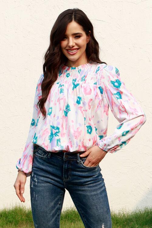 Floral Smocked Balloon Sleeve Sheer Blouse