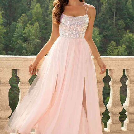 Elegant Backless Mesh Gown with Sheer Smocked Details