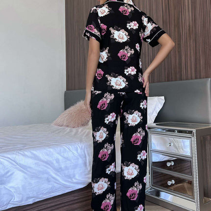 Floral Relaxation Lounge Outfit with Short-Sleeve Top and Trousers