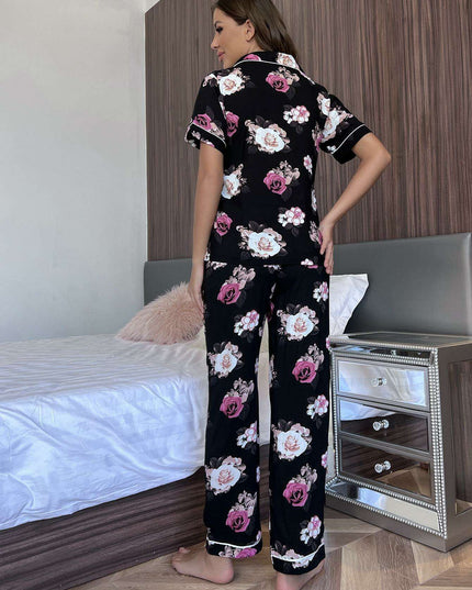 Floral Relaxation Lounge Outfit with Short-Sleeve Top and Trousers