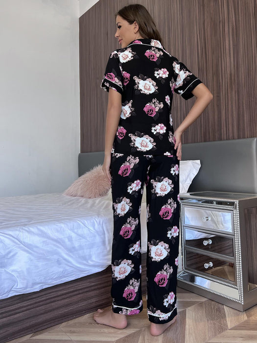 Floral Casual Lounge Wear Set with Short Sleeve Top and Trousers