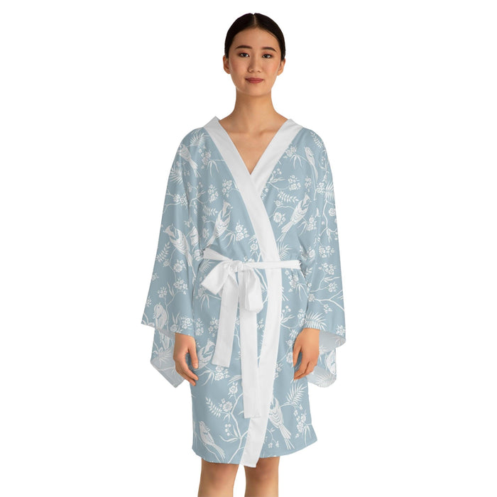 Elegant Japanese Floral Kimono Robe with Bell Sleeves and Belt