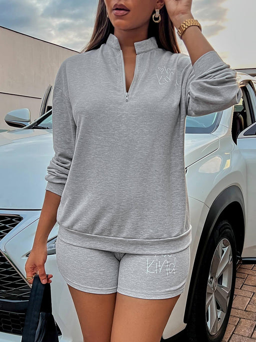 Graphic Kindness Quarter-Zip Sweater and Shorts Ensemble