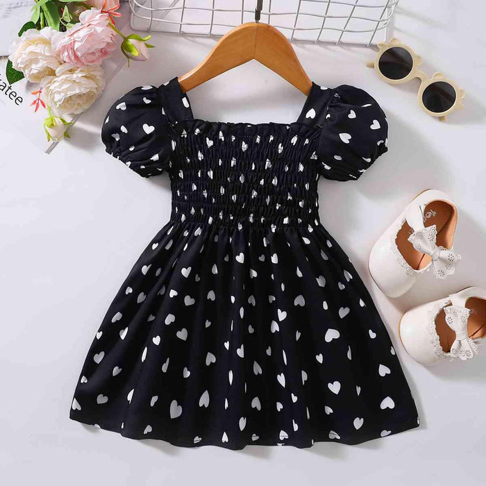Sweetheart Smocked Square Neck Baby Dress with Printed Pattern
