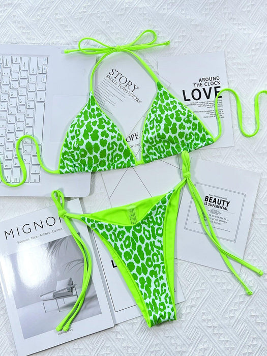 Leopard Print Halter Bikini Set with Side Ties - Trendy Beachwear Ensemble