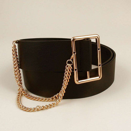 Stylish Chain-Detail Wide PU Leather Waist Belt