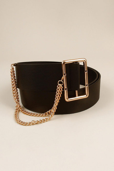 Chain-Embellished Wide Belt with PU Leather Elegance