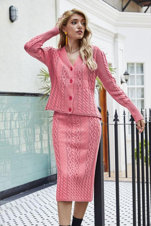 Mixed Knit V-Neck Cardigan and Knit Skirt Set-Trendsi-Pink-S-Très Elite