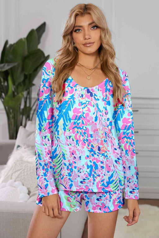 Round Neck Printed Top and Shorts Lounge Set Trendsi
