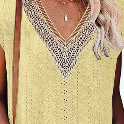 Elegant Eyelet Chevron V-Neck Tee with Stylish Openwork Design