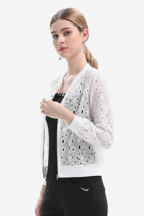 Elegant Lace-Trimmed Zip-Up Jacket with Stylish Accents