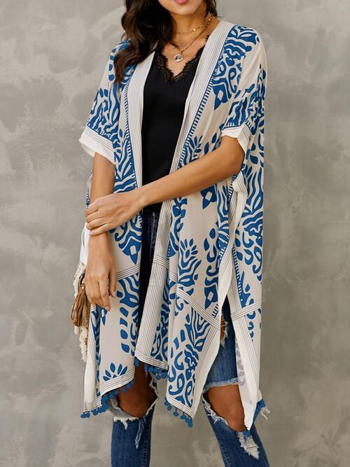 Printed Sheer Fringe Trim Cardigan with Open Front
