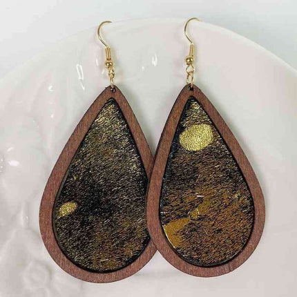 Rustic Elegance Cowhide Leather and Wood Teardrop Earrings - Bold Western-Inspired Statement Accessories