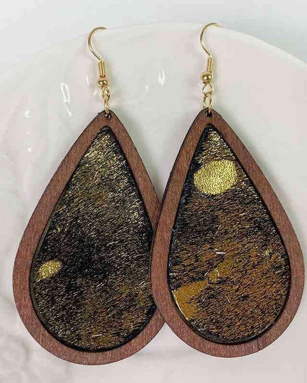 Rustic Elegance Cowhide Leather and Wood Teardrop Earrings - Bold Western-Inspired Statement Accessories
